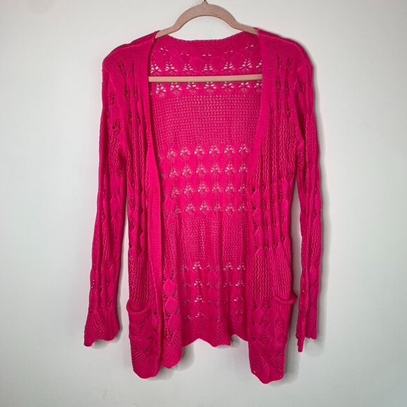 Women's Pink Crochet Knit Cardigan Sweater Pink Open front Boho Chic - Picture 2 of 10
